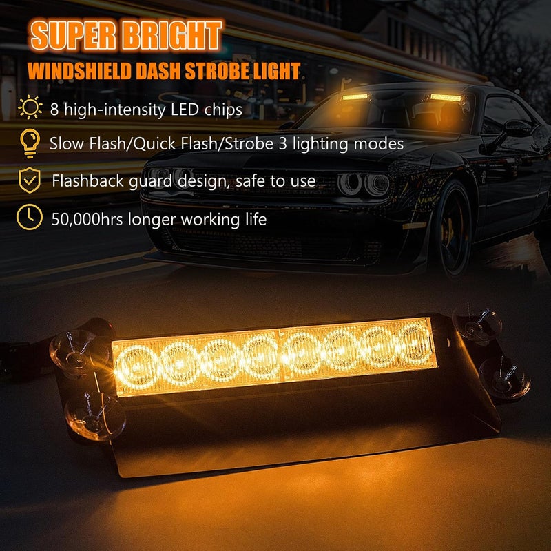 NWpangu LED Dash Emergency Strobe Lights Interior Windshield Yellow Flashing Warning Light Bar w/Suction Cups for Police Law Enforcement Construction Vehicles Trucks. - Image 2